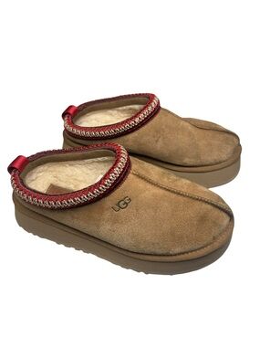 UGG Tazz Platform Slippers Chestnut Suede Shearling Braid Trim Women’s Size 8